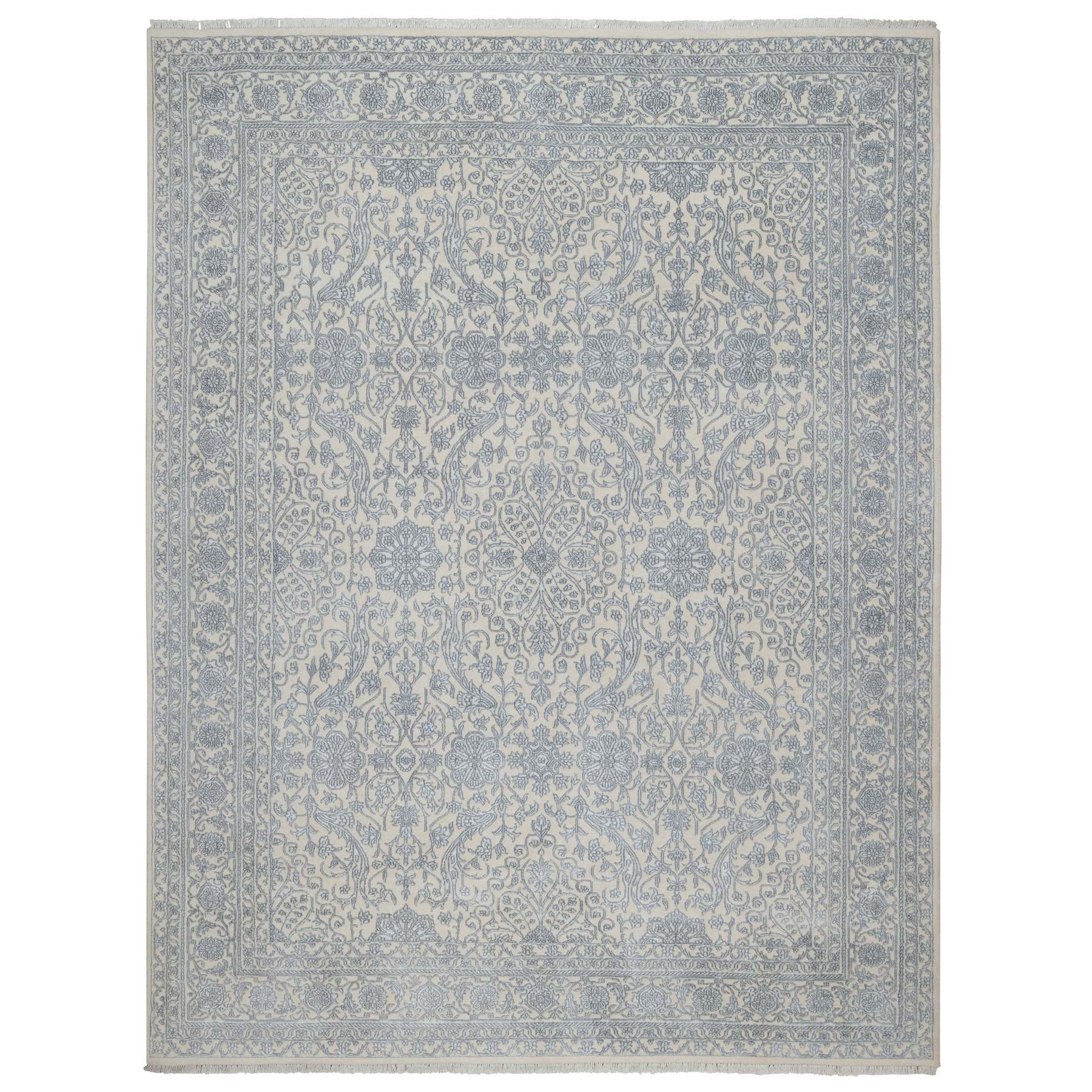 Chiffon White, Light Tone on Tone with Persian Design, Wool and Plant Based Silk, Thick and Plush, 200 KPSI, Hand Knotted, Oriental Rug